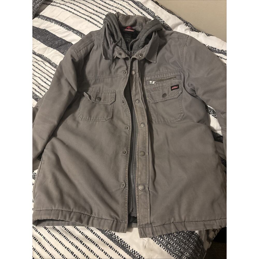 Dickies Jacket Mens Medium Gray Quilted Hoodie Chore Work Coat Utility Snap Zip